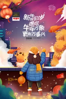 新年插画年画除夕跨年过年春节牛年海报