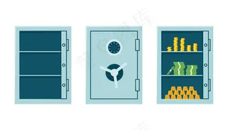 封闭的银行保险箱，打开的空保险箱和装有钱和金条的柜子。带组合锁的钢制保险箱。