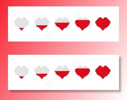 游戏吧充盈人心。能量储存的步骤在空的和逐渐充满像素的心。