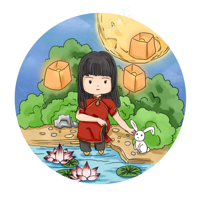 中秋元素可商用卡通河边女孩(2000X2000(DPI:300))psd模版下载