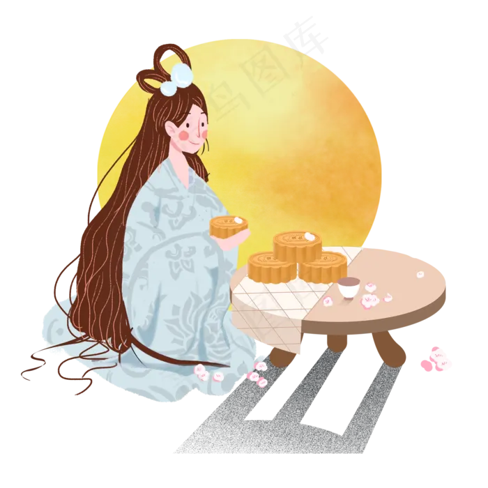 中秋月圆吃月饼嫦娥png素材(2000X2000(DPI:300))psd模版下载