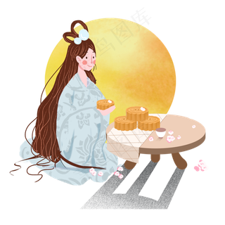 中秋月圆吃月饼嫦娥png素材