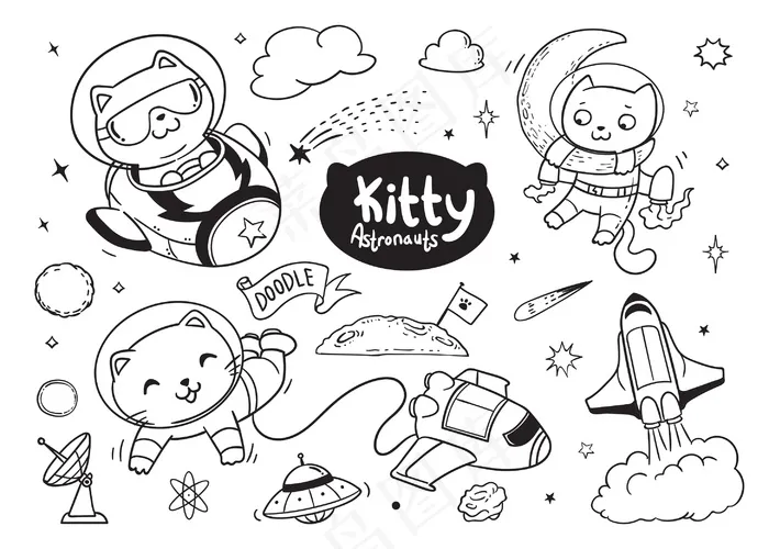 Kitty 宇航员为孩子们涂鸦eps,ai矢量模版下载