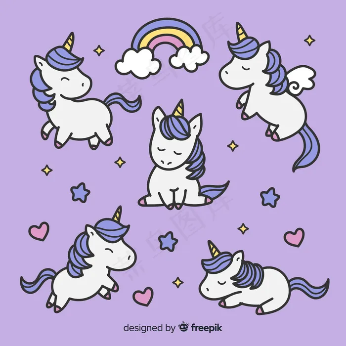 可爱的kawaii独角兽角色集eps,ai矢量模版下载