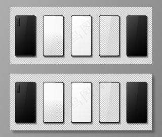 现实的电话。带有白色黑色和透明屏幕的小工具模型样机，3d 智能手机正面和背面视图。矢量插图手机设计集，孤立的模型触摸小工具