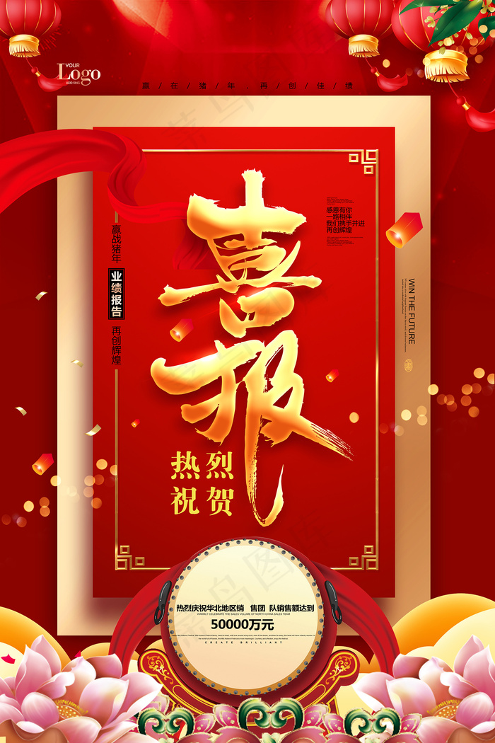红金喜报捷报战报年会海报
