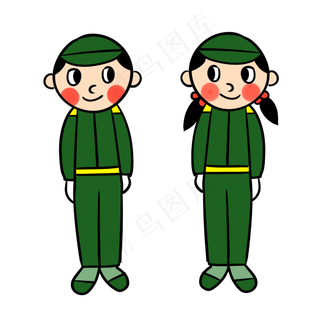 手绘矢量卡通可爱学生军训