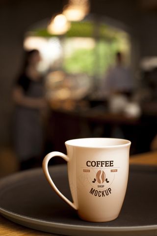 背景模糊的盘子上的咖啡杯