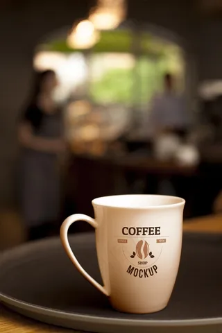 背景模糊的盘子上的咖啡杯