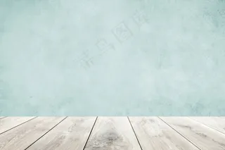 柔和的蓝色墙壁与木地板产品背景