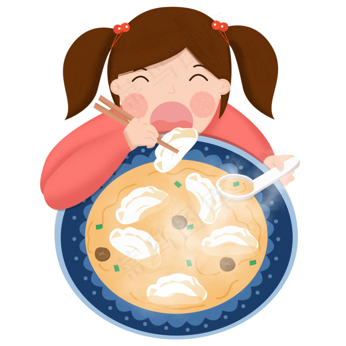 手绘卡通冬至节气可爱女孩开心吃