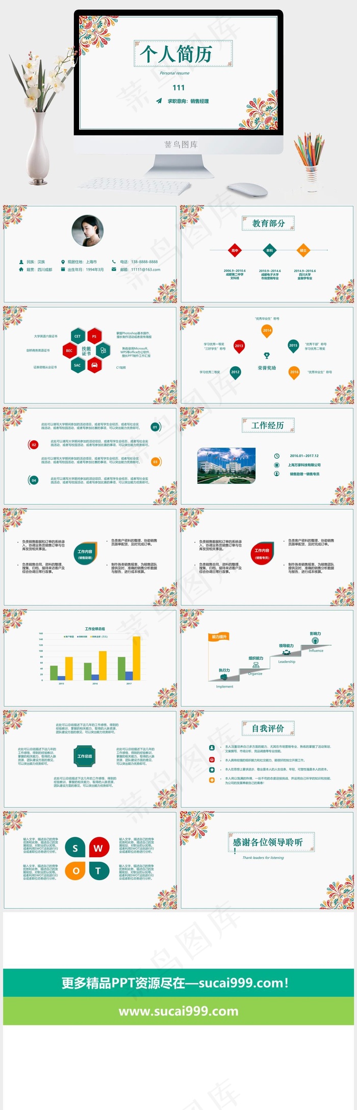 花边图案个人简历PPT模板