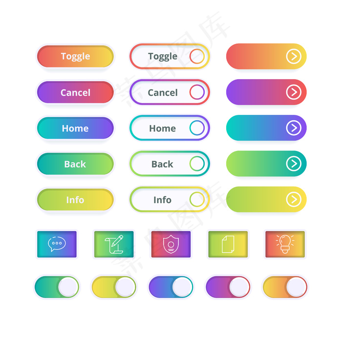 彩色渐变按钮。游戏或网站用户界面模板动作应用程序app按钮与中风彩色符号。丰富多彩的按钮界面，互联网用户界面网站插图eps,ai矢量模版下载