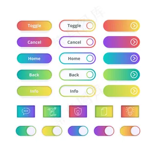 彩色渐变按钮。游戏或网站用户界面模板动作应用程序app按钮与中风彩色符号。丰富多彩的按钮界面，互联网用户界面网站插图