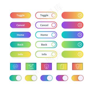 彩色渐变按钮。游戏或网站用户界面模板动作应用程序app按钮与中风彩色符号。丰富多彩的按钮界面，互联网用户界面网站插图