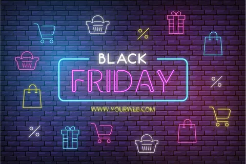 带有霓虹灯图标的现代黑色星期五销售背景