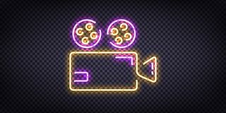 逼真的霓虹灯电影标志标志模板装饰和邀请覆盖在透明背景上。