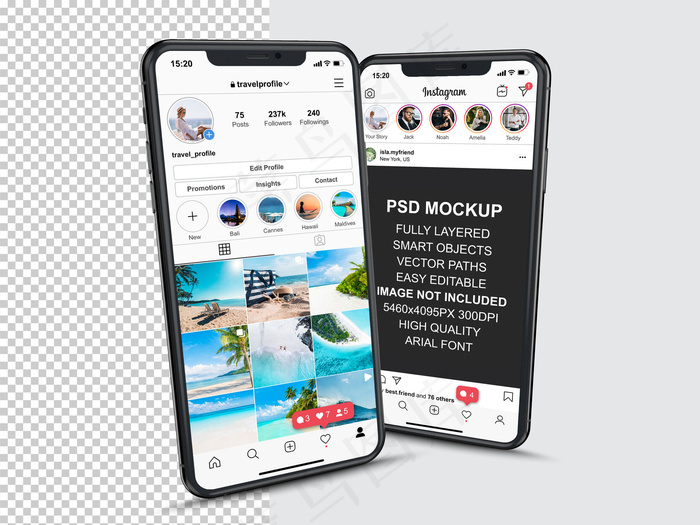 Instagram发布模板，用于智能手机上的个人资料和提要故事。透视图手机模型样机psd模版下载