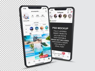 Instagram发布模板，用于智能手机上的个人资料和提要故事。透视图手机模型样机