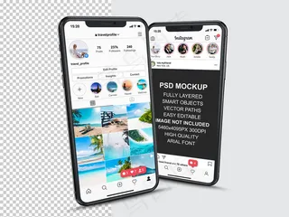 Instagram发布模板，用于智能手机上的个人资料和提要故事。透视图手机模型样机