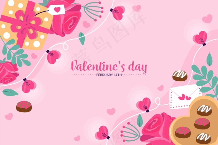 手绘情人节背景与礼物和糖果
