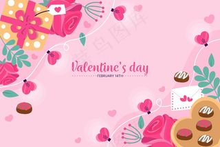 手绘情人节背景与礼物和糖果