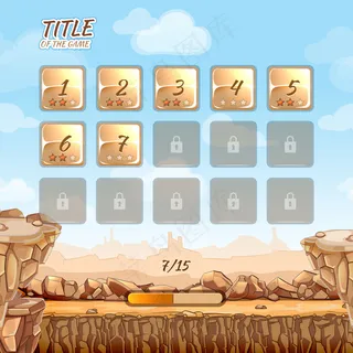 石头沙漠游戏与卡通风格的用户界面界面。虚拟现实，冒险游戏