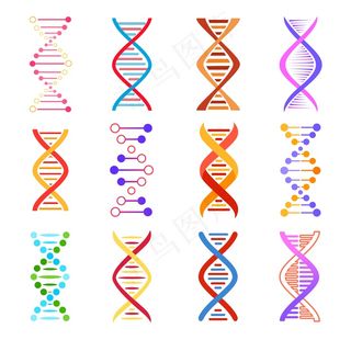 Dna 螺旋图标，遗传医学载体标志。螺旋分子结构、科学和科学研究、五颜六色的 dna 设计元素、人类基因代码进化符号在白色背景下隔离