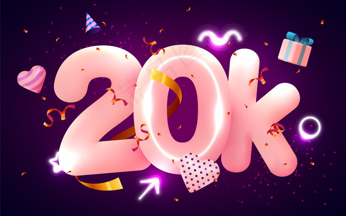 20k或20000粉丝感谢你粉色的心，金色的五彩纸屑和霓虹灯。eps,ai矢量模版下载