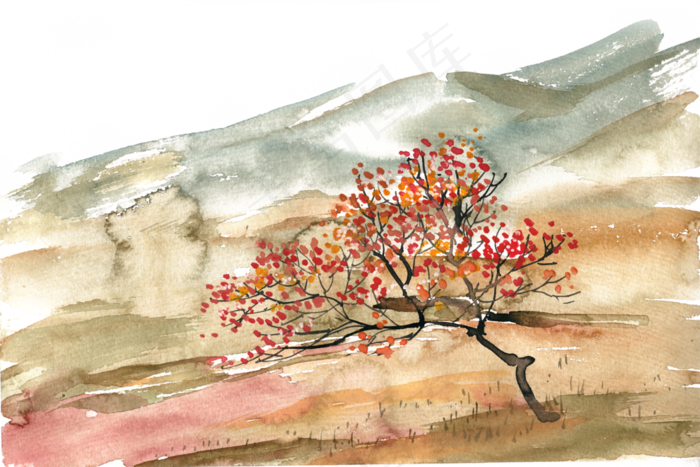 山坡上的柿子树水彩画PNG免抠(3545X5315(DPI:300))psd模版下载