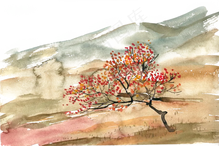 山坡上的柿子树水彩画PNG免抠(3545X5315(DPI:300))psd模版下载