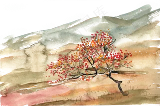 山坡上的柿子树水彩画PNG免抠