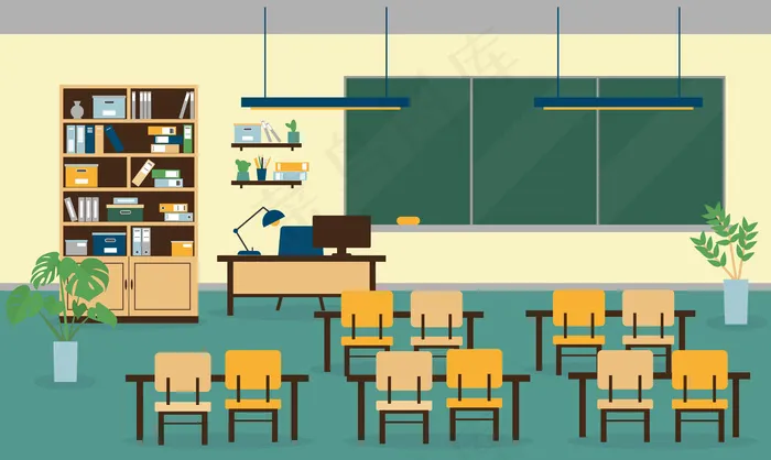 教室内部配有家具、电脑、灯具、木板和植物。插图eps,ai矢量模版下载