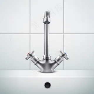 金属水龙头与形象逼真的浴室墙壁白色瓷砖和水槽组成