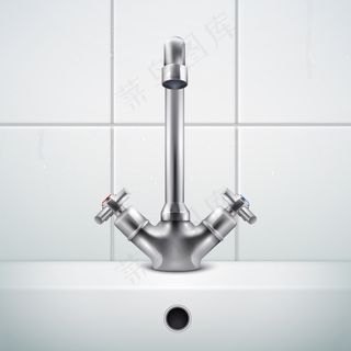 金属水龙头与形象逼真的浴室墙壁白色瓷砖和水槽组成