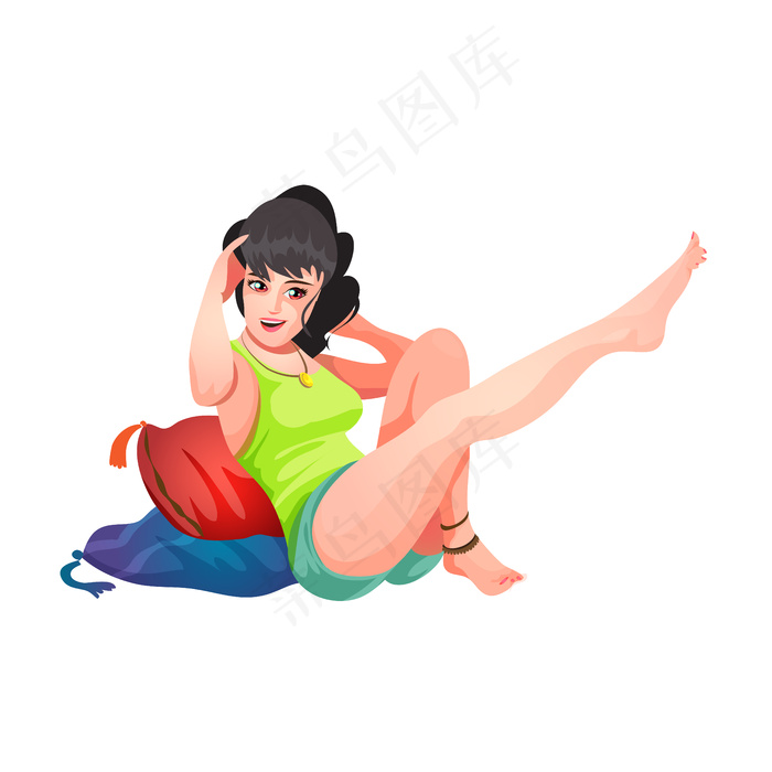 漂亮的黑发女孩躺在枕头上，抬腿做瑜伽。穿着t恤和短裤的可爱女孩。卡通风格的独立插图。