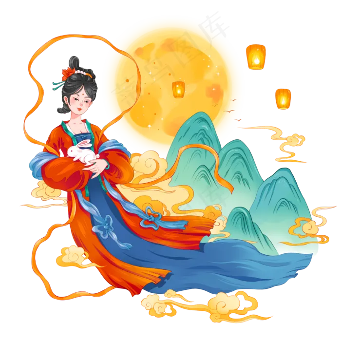 中秋嫦娥怀抱玉兔奔月(3543X3543(DPI:300))psd模版下载