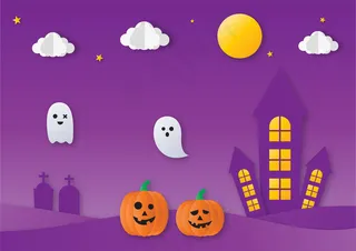 万圣节派对与鬼魂和南瓜纸艺术风格在紫色背景。