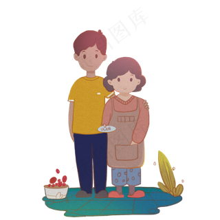 手绘重阳节中秋节母子一起做饭