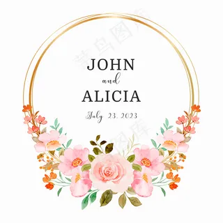 保存日期水彩粉色花环与金色圆圈