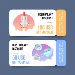 银河门票模板与火箭，行星水彩插图。