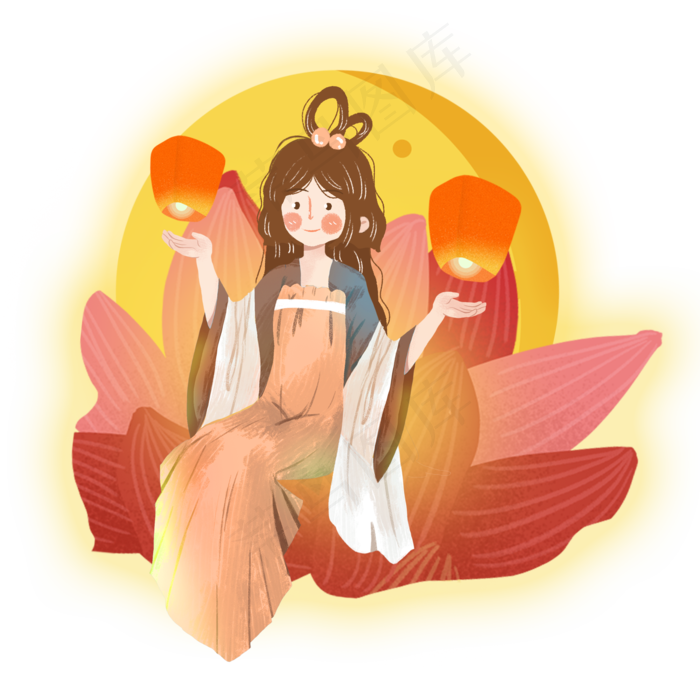 圆月中秋天灯嫦娥女孩png素材