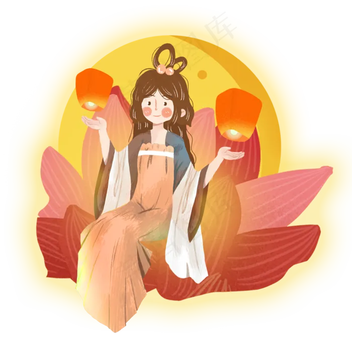 圆月中秋天灯嫦娥女孩png素材(2000X2000(DPI:300))psd模版下载