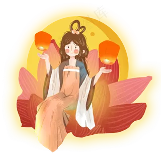 圆月中秋天灯嫦娥女孩png素材