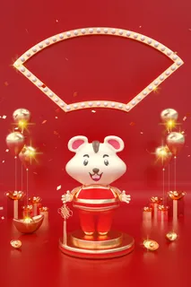 C4D红色喜庆金色鼠年生肖背景
