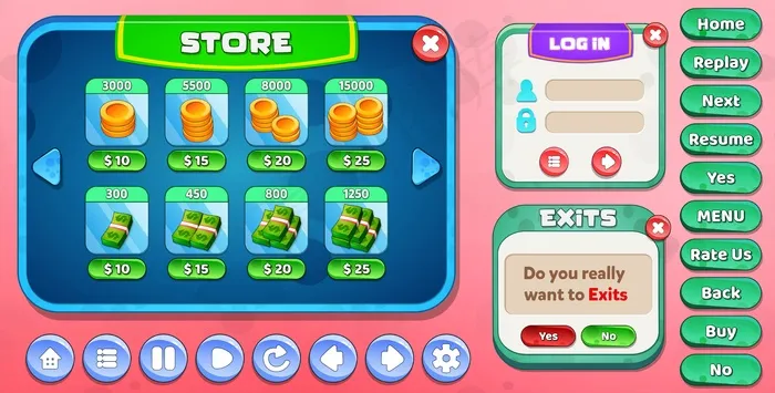 休闲卡通儿童游戏ui商店，登录和退出菜单弹出星星按钮eps,ai矢量模版下载