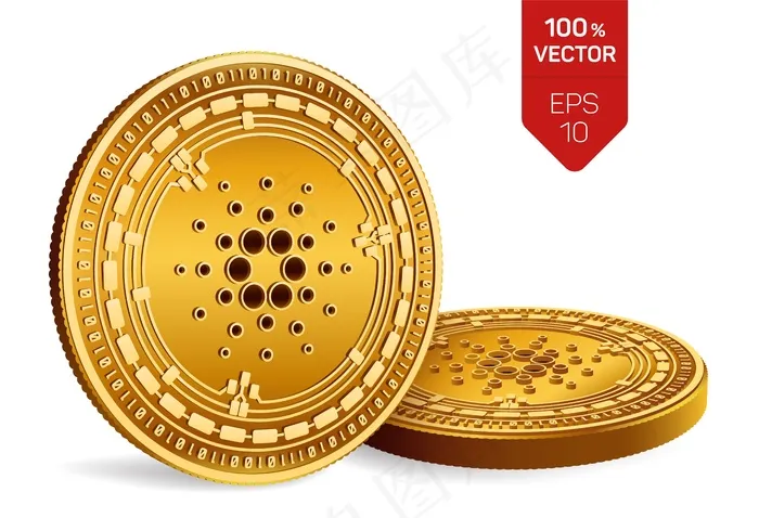 加密货币白色背景上带有卡达诺符号的金币。eps,ai矢量模版下载