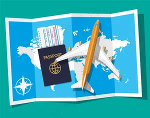 客机、登机牌和护照、地图