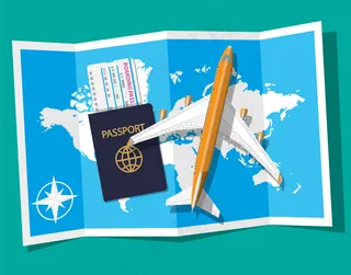 客机、登机牌和护照、地图