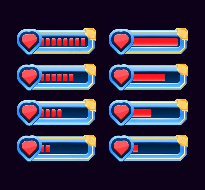 一套游戏界面动画从低到全指标心脏健康和生命的gui资产元素栏eps,ai矢量模版下载